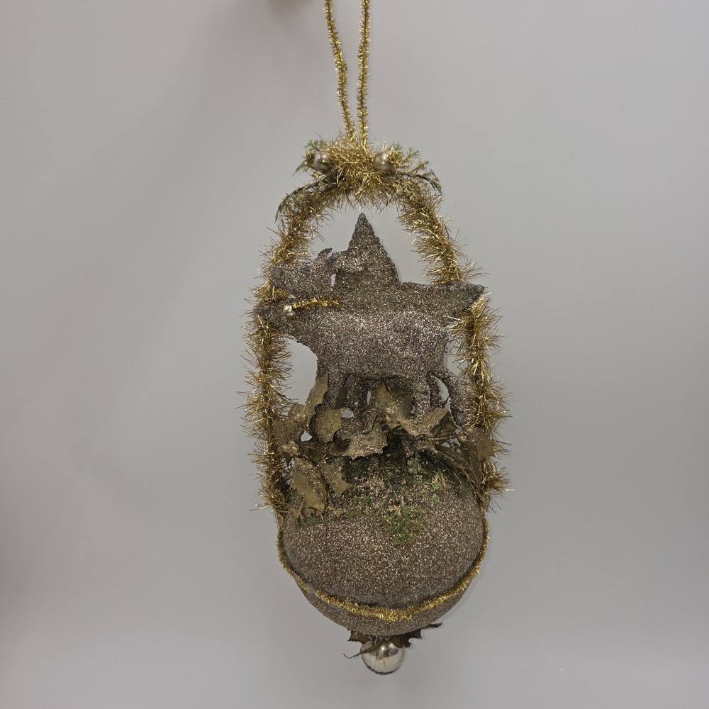 Vintage Bethany Lowe Christmas Hanging Large Ornament Glittered Tinsel Deer/Star